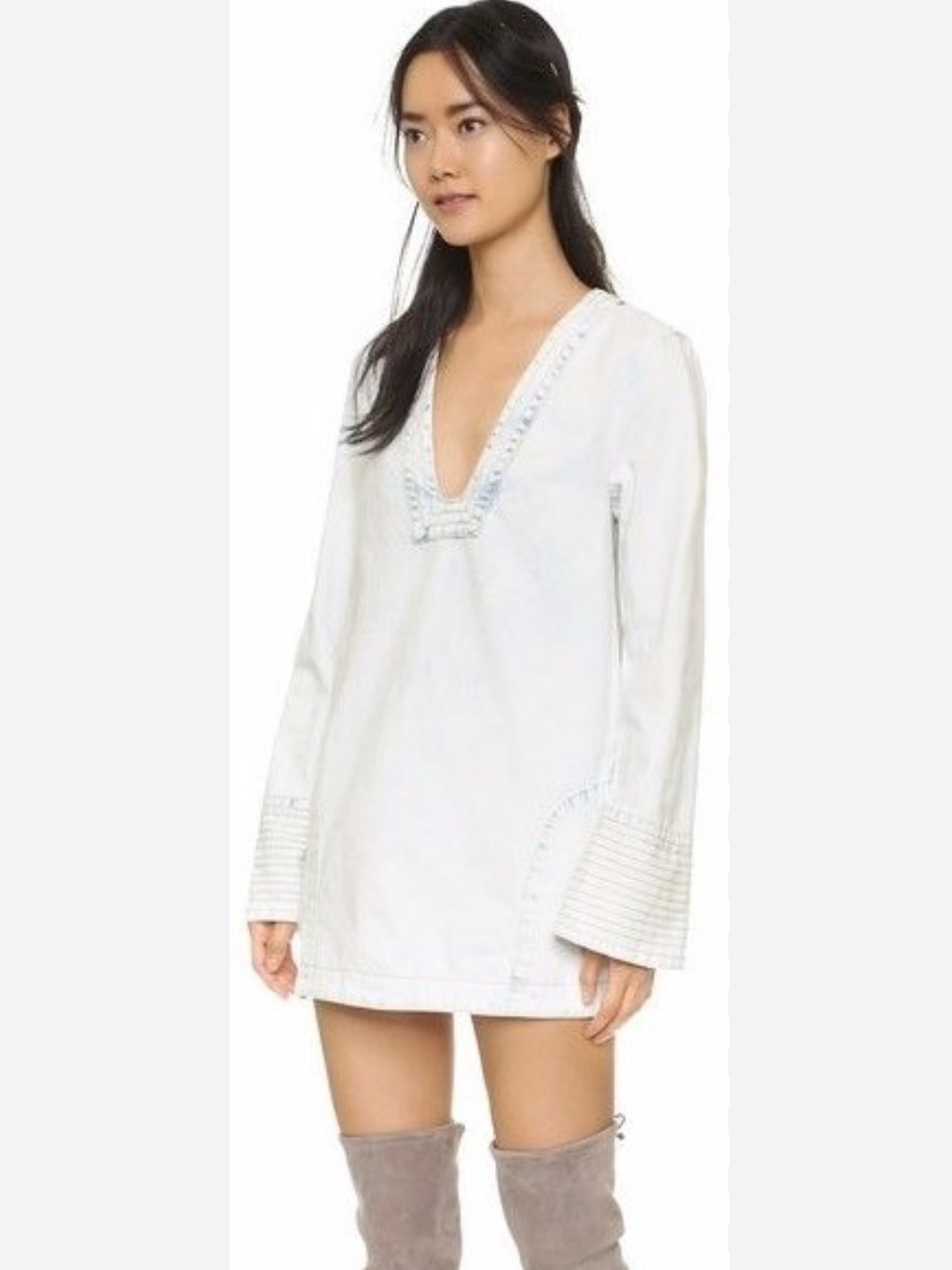 Free People Dreaming of Denim Tunic Cloud Wash V Neck Boho NWOT - Picture 2 of 6